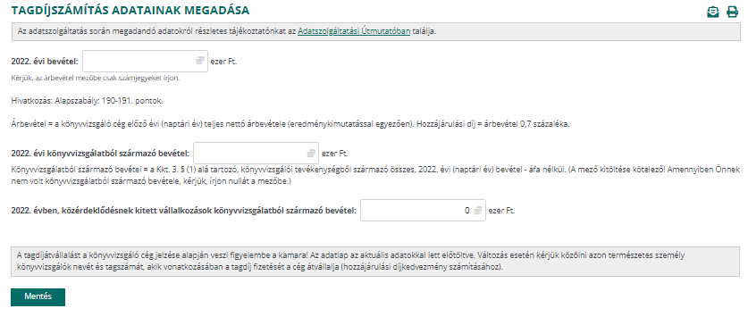 Társasági Tagdíjszámítás adatainak megadása