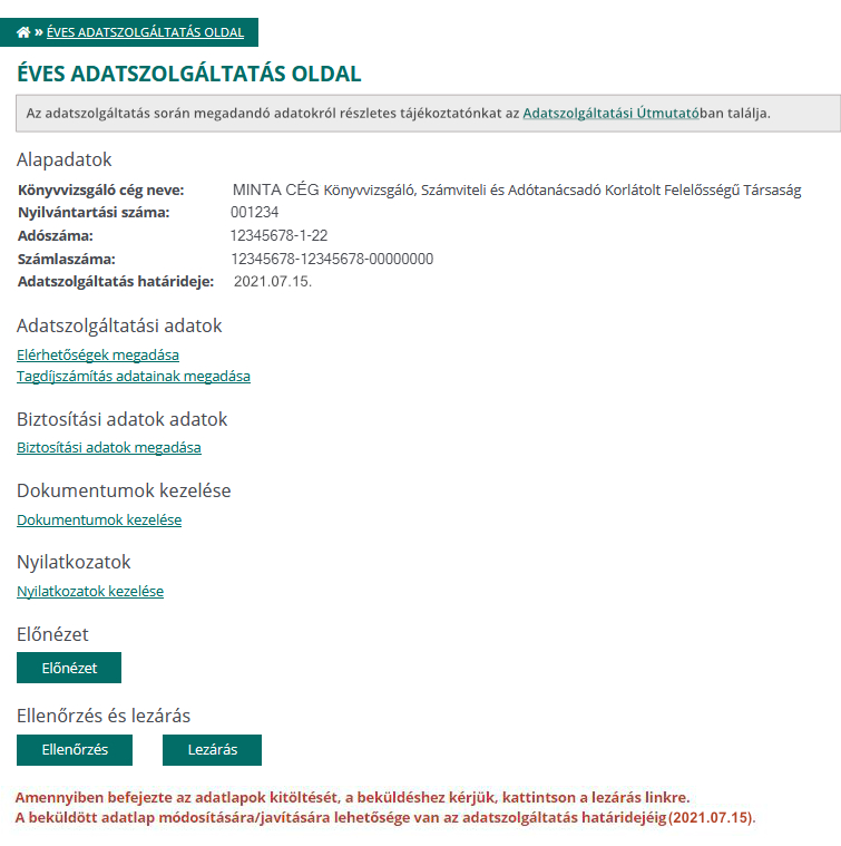 Társasági adatszolgáltatás főoldal 2020